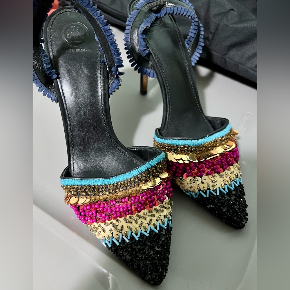 Tory Burch Isle Slingback Heels Pump Sequins Black Multi-Color.